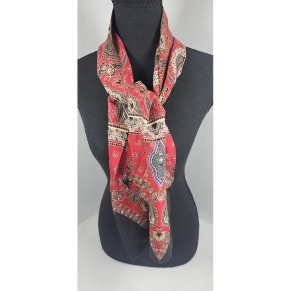 Vintage DONNYBROOK Paisley Oblong Scarf Red Black Gold Retro Boho 52" - Picture 2 of 3